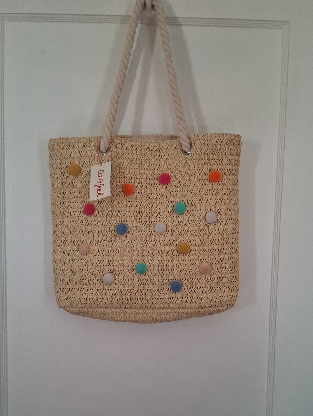 Cat & Jack Cream Straw Tote with Colorful Pom Accents